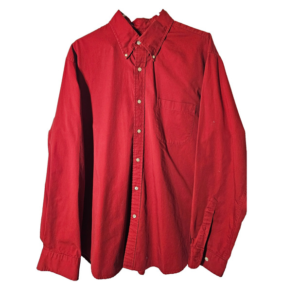 Lands End Shirt Mens Red Button Up Long Sleeve Cotton Large Button Collar L - Picture 1 of 7